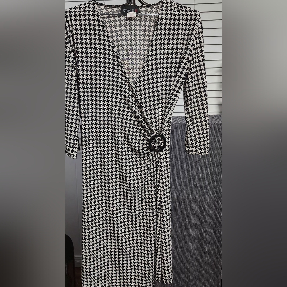 Stage II Collection Black and White Houndstooth Wrap Dress